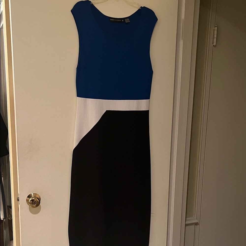 Dana Buchman Blue, White, and Black colorblock Midi Dress